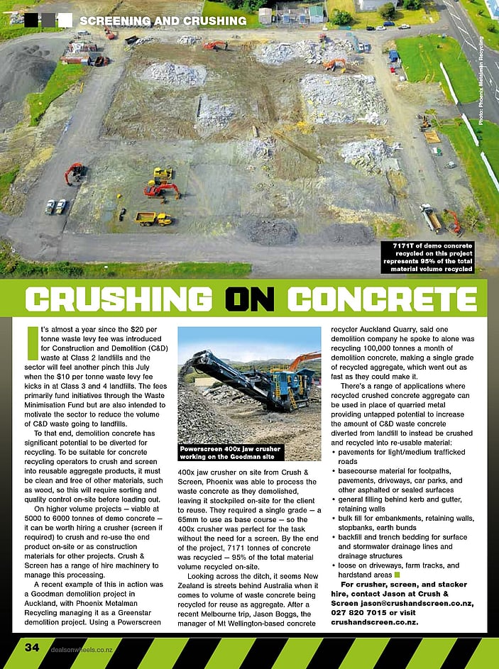 Deals on Wheels magazine article about machinery for crushing waste concrete into recycled crushed concrete aggregate