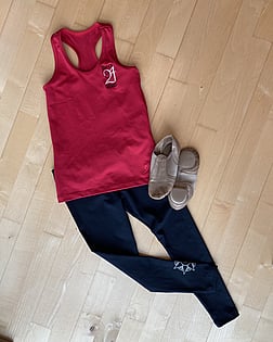 Elementary Jazz - Red Racer Back Singlet3/4 LeggingsTan Jazz Shoes