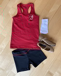 Baby Beats to Rhythm Rockets 2 - Red Racer Back SingletBlack ShortsWhite socksTan Tap Shoes