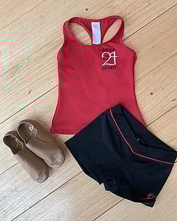Prep, Primary and Junior Jazz - Red Racer Back SingletBlack ShortsTan Jazz Shoes