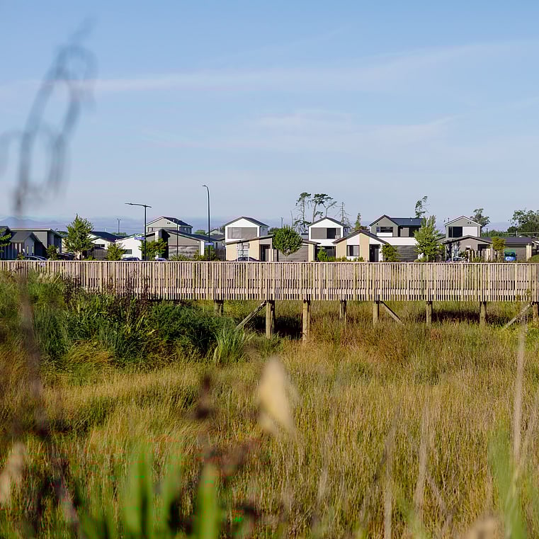 walkway over the bushes and houses in the background
