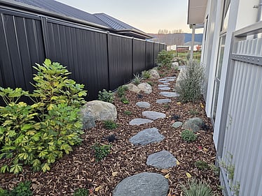 Stepping stone path with planting and rock features along fence line Nelson