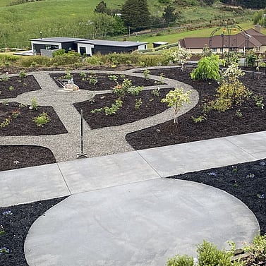 Large-scale garden planting design with pathways and mulched beds Nelson