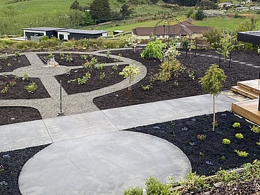 Large-scale garden planting design with pathways and mulched beds Nelson