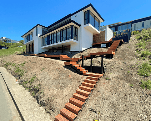 Timber step steps on hill site 
