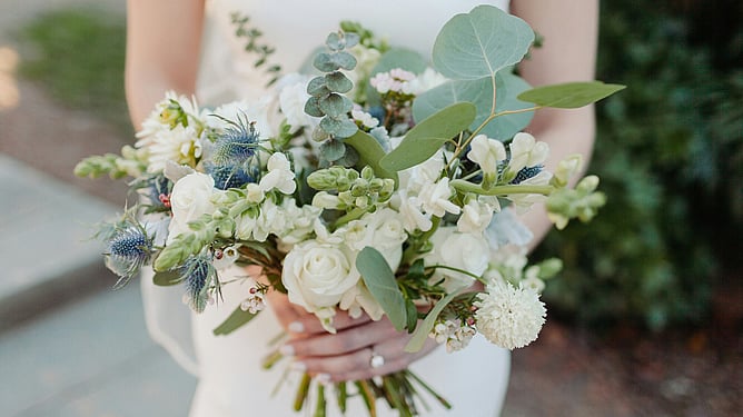 Bride holding wedding bouquet symbolising wedding business brand strategy foundation before logo design