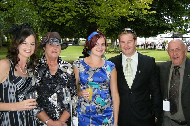 From left: Sarah, Gail, Casey and Nigel Drought alongside Gail&rsquo;s father Ron (far right) at Ellerslie Racecourse in 2012.