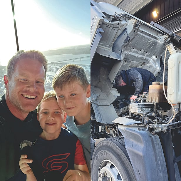 Conrad with his two children and also working on a truck