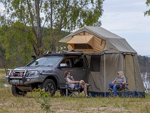 ARB Simpson Rooftop tent set up on a Mazda BT50 with an Annex
