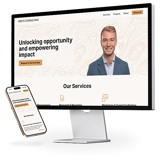 A screenshot of the Keeys Consulting website featuring a bold headline and an image of Jack Keeys