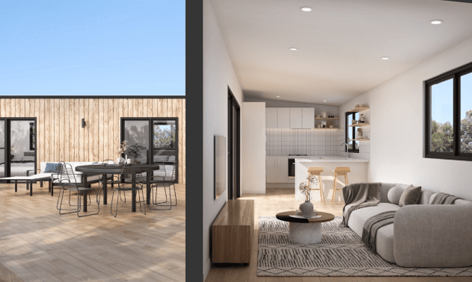 Image of the tiny home cabin interior, built by Whitechurch Construction, Waikato residential builders.