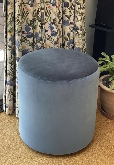 Image of custom velvet round footstool in blue. Buy online via Julia Empson Interior Design & Styling. Ohaupo, Waikato. New Zealand.
