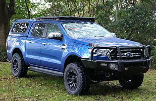 2019 Ford Ranger Featuring an ARB Summit Bar, OME Front Suspension, RhinoRack Pioneer Platform Tray with Backbone Mounting, Black Rhino Wheels, Mickey Thompson ATZ P3 Tyres and ARB Summit Raw Rear Step Towbar.