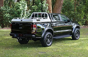 2019 Ford Ranger Raptor featuring a Rhino Evolution Bullbar fitted with Lightbar and Runva Premium Winch with Custom Built Dogbox & Storage (Foster Engineering)