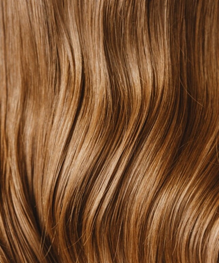 A close up of wavy auburn hair.