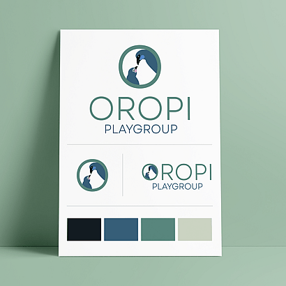 Oropi Playgroup branding page with three logo options and colour scheme