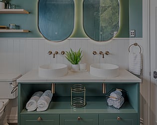 Image of heritage home bathroom in deep green and white renovated and restored by Whitechurch Construction, Waikato residential builders.