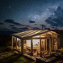 Night view of a SkyScape cabin glowing under the stars
