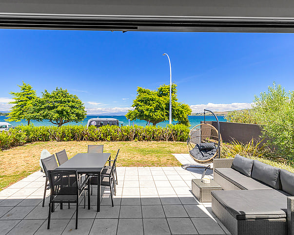 Dining area and lake taupo views at Gather Taupo