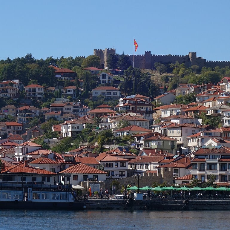A view of Ohrid's old town, taken from Lake Ohrid's old swimming court.