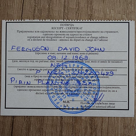 David's North Macedonian tourist registration card