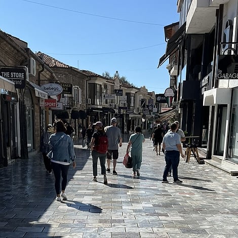 The main street of the old town in the town of Ohrid, North Macedonia