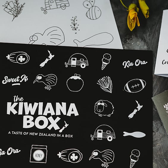 Image of Kiwiana Box black & white logo & packaging design. By Creative Box