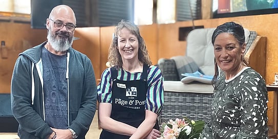 Anah Aikman with Glenn Colquhoun and a representative from Page and Prose Booksellers at Waiata in the Woolshed, an inspiring gathering of storytelling, song, and cultural connection in celebration of shared heritage and community.