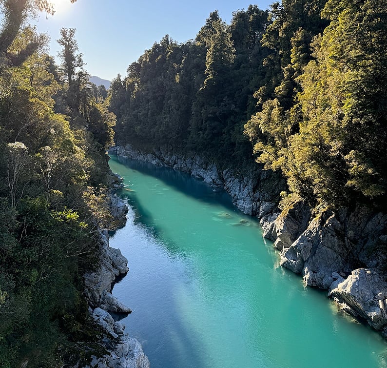 Breathtaking view of a turquoise lake surrounded by New Zealand wilderness