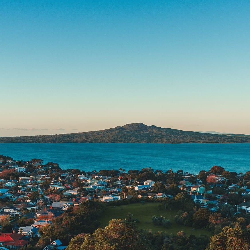 Rangitoto Island volcanic cone near Auckland seen from the shore