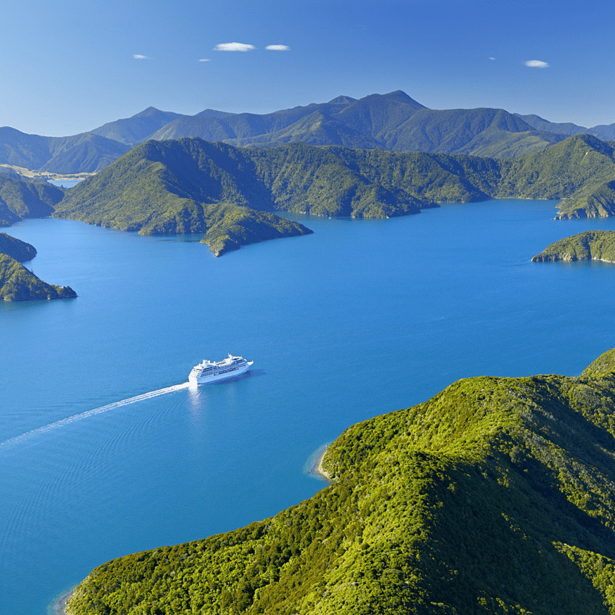 Drone shot of Interislander ferry in Queen Charlotte Sound