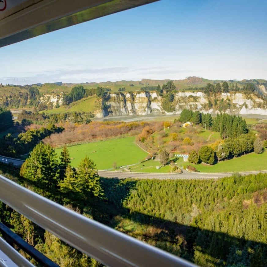 View from the train looking down into a lush valley from high above