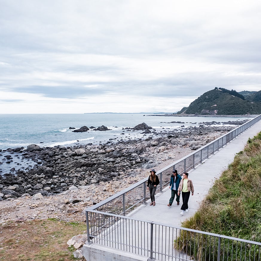 Coastal walking track in Kaikōura with wide paths beside the ocean