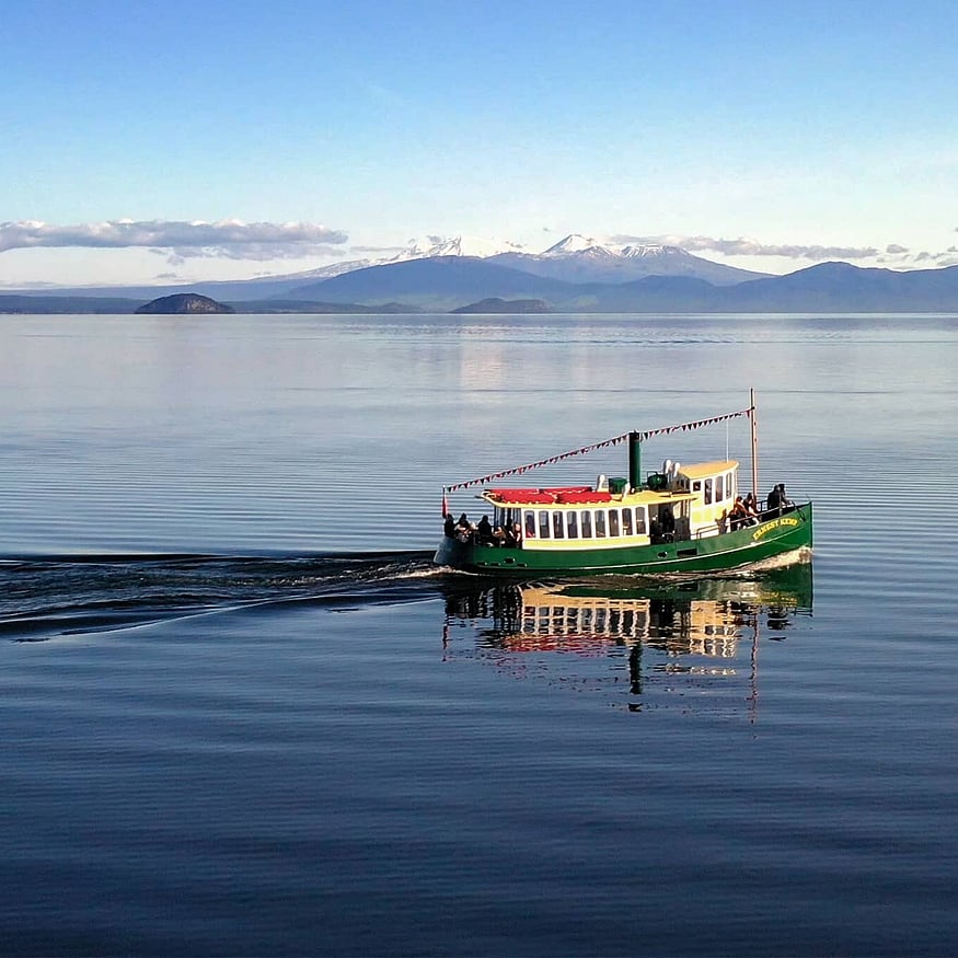 The Ernest Kemp on Lake Taupo heading to Māori rock carvings