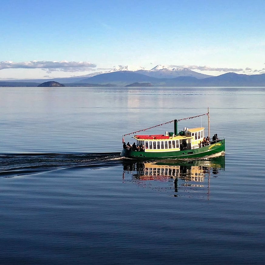 The Ernest Kemp on Lake Taupo heading to Māori rock carvings
