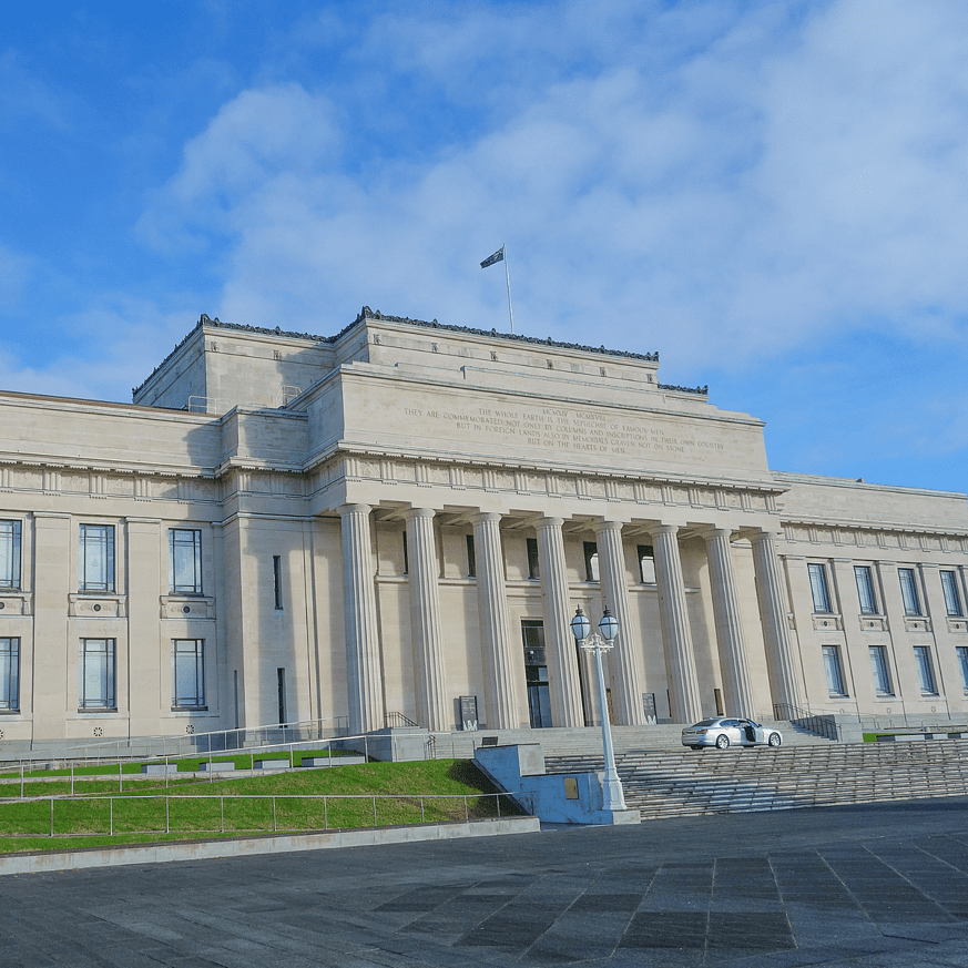 Auckland War Memorial Museum building under a blue sky