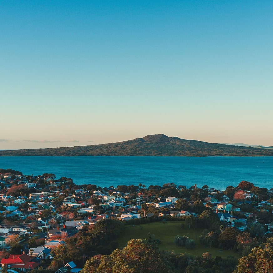 Rangitoto Island volcanic cone near Auckland seen from the shore