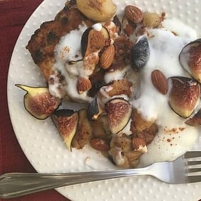 Hot cross bun French toast with caramelized bananas & figs
