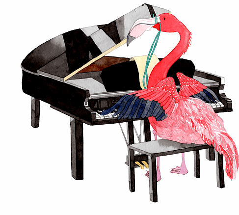 Maestro Flamingo, the pianist - watercolour painting