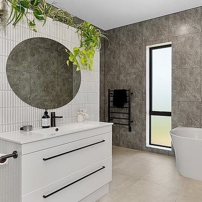 Image of modern tiled bathroom. Tiling service by Cosmic Tiling for Waikato Build. Waikato.
