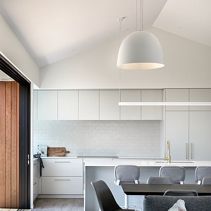 Image of modern tiled kitchen back splash. Tiling service by Cosmic Tiling for Iconic Construction. Waikato.