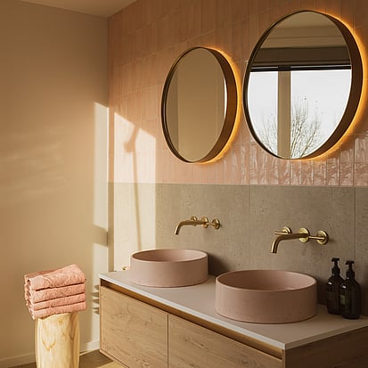 Image of modern tiled bathroom. Tiling service by Cosmic Tiling for Wild Canvas. Waikato.