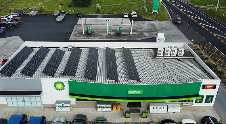 Commercial install of solar panels on roof of BP in Pongakawa