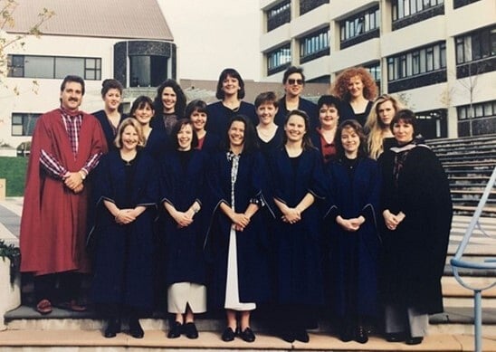 The first dental hygiene graduates from the Otago Polytechnic, 1995 (with their lecturers Paul Edwards (far left) and Gail Lightfoot (far right, front row)). Photo courtesy of Rochelle Jones.