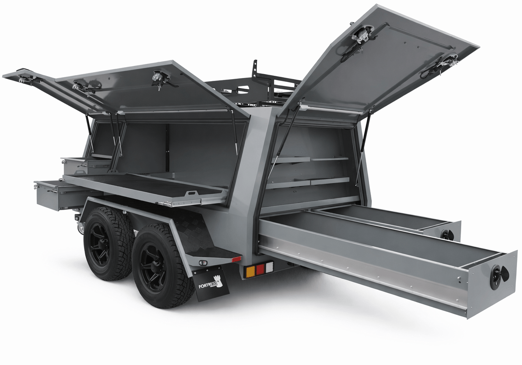 FORTRESS EXTREME Trailer with draws and doors open