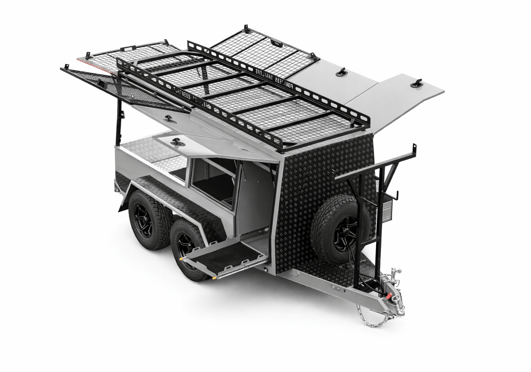 Fortress Extreme Combo Trailer showing all doors and shelves open