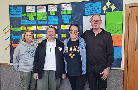 Four adults standing together in front of wall covered with colourful sticky notes during community planning workshop