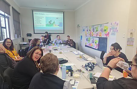 Group workshop with people seated around table, presentation on screen and colourful sticky notes on wall during planning session