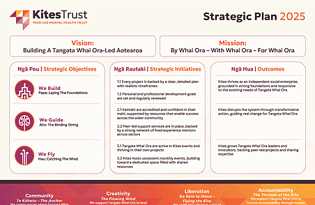 Kites Trust Strategic Plan 2025 infographic showing vision, mission, objectives, initiatives and outcomes in red and orange layout