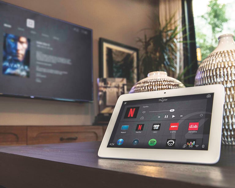 A tablet featuring Control 4 Audiovisual system.